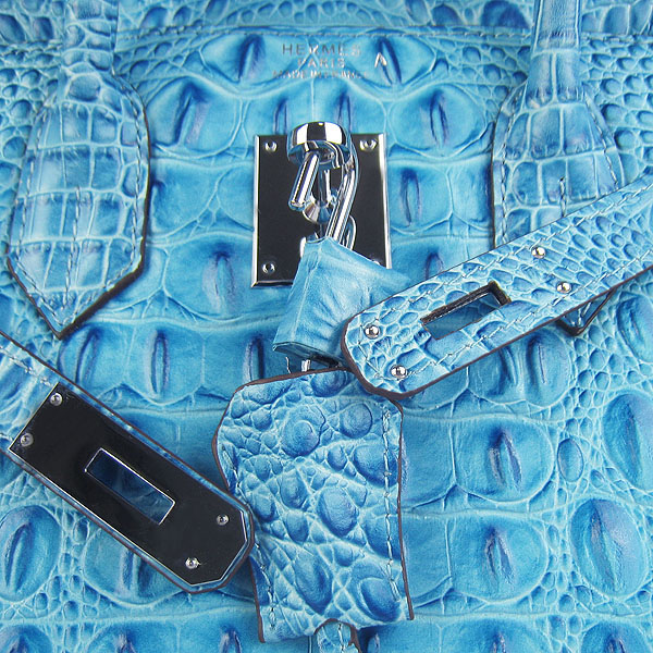 Replica Hermes Birkin 30CM Crocodile Head Veins Bag Light Blue 6088 On Sale